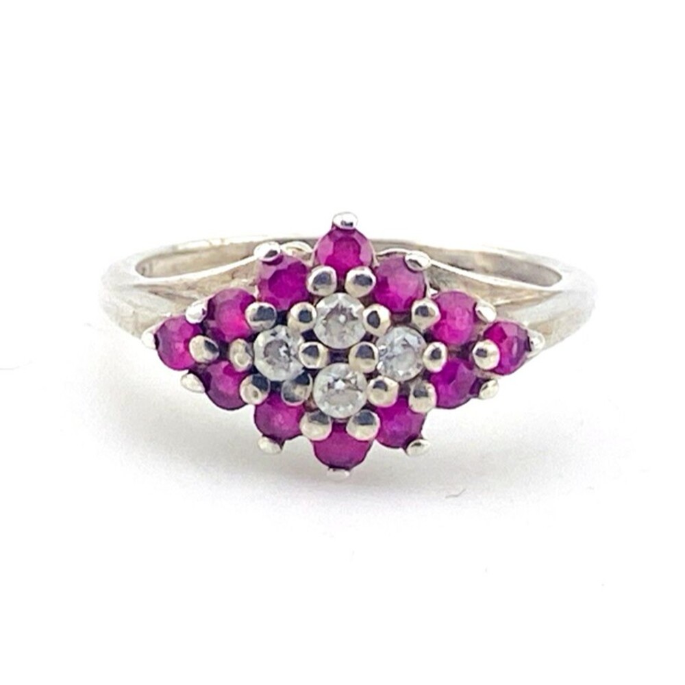 Vintage Ruby Cluster Ring Sterling Silver Size 6 Diamond Shape Setting Retro